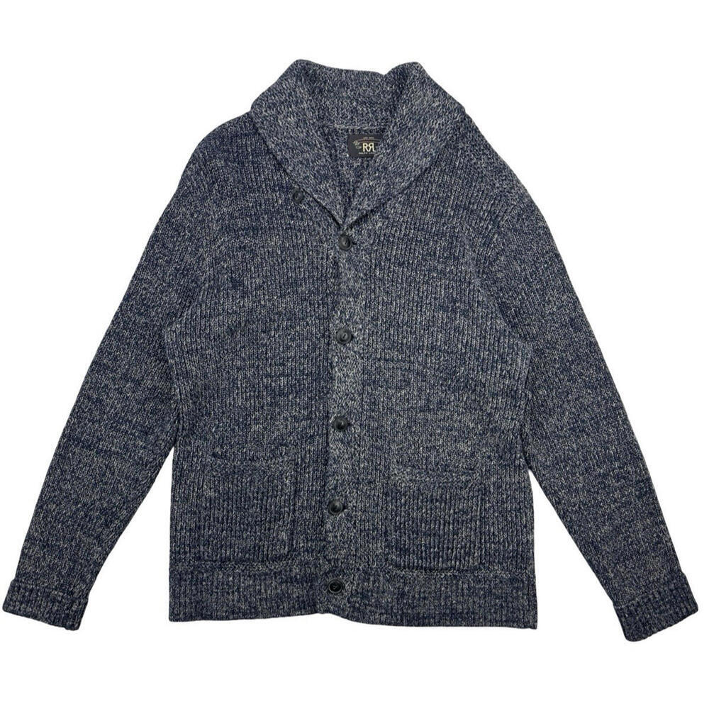 Double RRL Ralph Lauren Shawl Collar Cable Knit Cardigan Blue White Size L